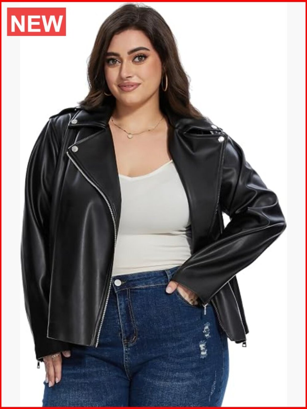 Faux Leather Zip Up Moto Jacket Fitted Plus Size Coat